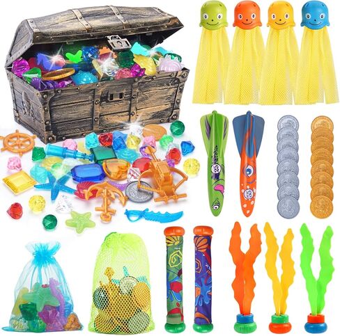 huuidy ألعاب الغوص في حوض السباحة، 60 قطعة من ألعاب حمام السباحة للأطفال، جواهر الغوص المائي، الماس، الأخطبوط، قطاع الطرق الطوربيد، عصي الغوص، مجموعة صندوق كنز حمام السباحة، ألعاب كنوز القراصنة تحت الماء in Kuwait