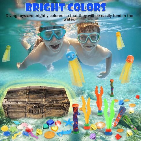 huuidy ألعاب الغوص في حوض السباحة، 60 قطعة من ألعاب حمام السباحة للأطفال، جواهر الغوص المائي، الماس، الأخطبوط، قطاع الطرق الطوربيد، عصي الغوص، مجموعة صندوق كنز حمام السباحة، ألعاب كنوز القراصنة تحت الماء in Kuwait