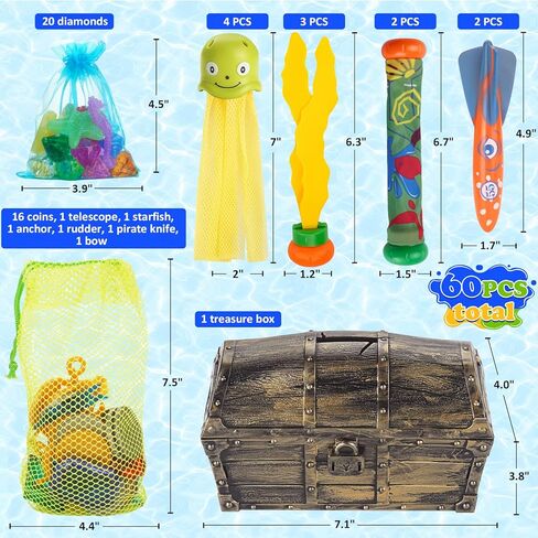 huuidy ألعاب الغوص في حوض السباحة، 60 قطعة من ألعاب حمام السباحة للأطفال، جواهر الغوص المائي، الماس، الأخطبوط، قطاع الطرق الطوربيد، عصي الغوص، مجموعة صندوق كنز حمام السباحة، ألعاب كنوز القراصنة تحت الماء in Kuwait