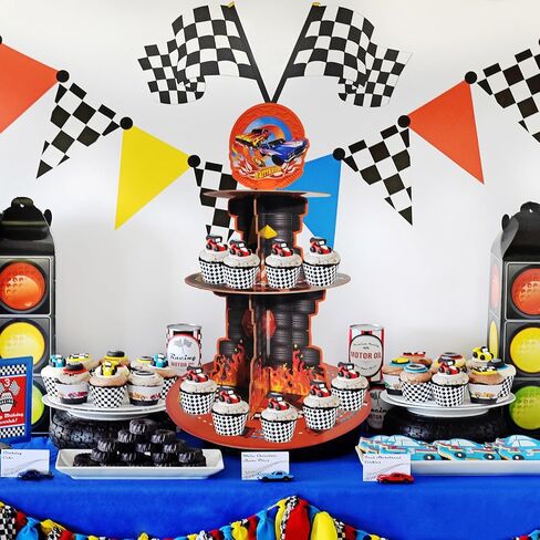 3 Tiers Hot Car Birthday Party Decorations Cupcake Stand Wheels Car Party Supplies Cupcake Holder Racing Car Theme Party Favers for Baby Shower Boys Kids Birthday Party Decor in Saudi Arabia