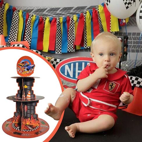 3 Tiers Hot Car Birthday Party Decorations Cupcake Stand Wheels Car Party Supplies Cupcake Holder Racing Car Theme Party Favers for Baby Shower Boys Kids Birthday Party Decor in Saudi Arabia