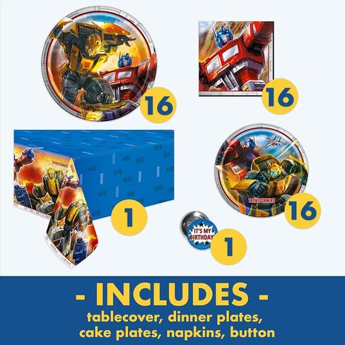 Transformers Birthday Party Supplies | Serves 16 Guests | Transformers Party Supplies | Transformer Dinner & Cake Plates, Napkins, Tablecover, Button | Officially Licensed in Saudi Arabia