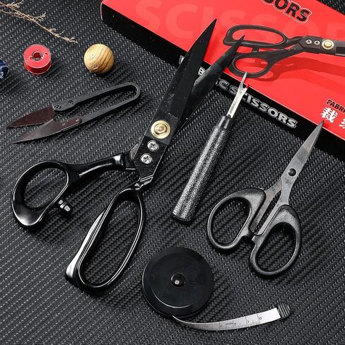 9 Inch Fabric Scissors Tailor Sewing Shears for Fabric Cutting Heavy Duty Tailor Scissors for Quilting Sewing and Dressmaking with Tape Measure, Thread Snips, Seam Rippers (Black, Classic Style) in Kuwait