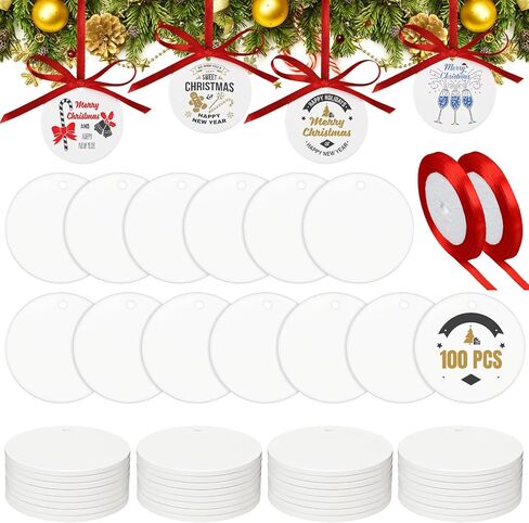 Soaoo 100 Pcs Sublimation Ornament Blanks 3 Inch Round Ceramic Christmas Ornaments White Ceramic Ornaments DIY Blank Hanging Ornaments Bulk with Red Satin Ribbon for Craft Christmas Tree Decor in Saudi Arabia