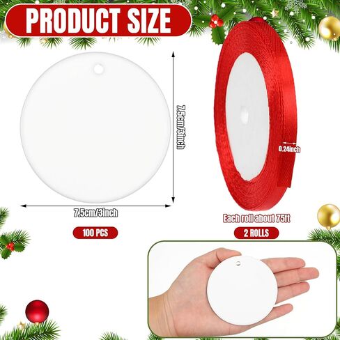Soaoo 100 Pcs Sublimation Ornament Blanks 3 Inch Round Ceramic Christmas Ornaments White Ceramic Ornaments DIY Blank Hanging Ornaments Bulk with Red Satin Ribbon for Craft Christmas Tree Decor in Saudi Arabia