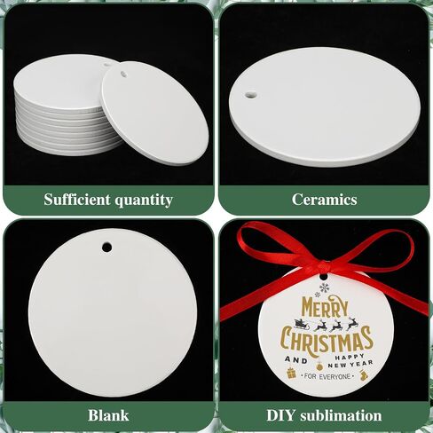 Soaoo 100 Pcs Sublimation Ornament Blanks 3 Inch Round Ceramic Christmas Ornaments White Ceramic Ornaments DIY Blank Hanging Ornaments Bulk with Red Satin Ribbon for Craft Christmas Tree Decor in Saudi Arabia