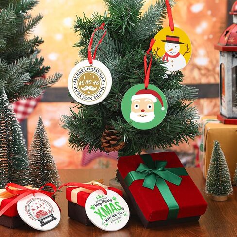 Soaoo 100 Pcs Sublimation Ornament Blanks 3 Inch Round Ceramic Christmas Ornaments White Ceramic Ornaments DIY Blank Hanging Ornaments Bulk with Red Satin Ribbon for Craft Christmas Tree Decor in Saudi Arabia