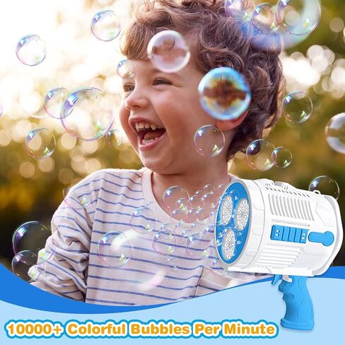 آلة مسدس فقاعات أوتوماتيكية من FEREDO KIDS - آلة فقاعات ملونة مع أضواء LED متضمنة 20 عبوة من محلول الفقاعات هدية خارجية للأطفال البالغين وحفلات أعياد الميلاد وحفلات الزفاف (أزرق وأصفر) in Kuwait