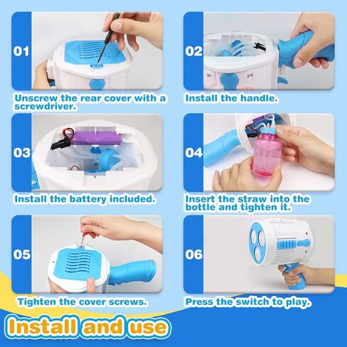 آلة مسدس فقاعات أوتوماتيكية من FEREDO KIDS - آلة فقاعات ملونة مع أضواء LED متضمنة 20 عبوة من محلول الفقاعات هدية خارجية للأطفال البالغين وحفلات أعياد الميلاد وحفلات الزفاف (أزرق وأصفر) in Kuwait