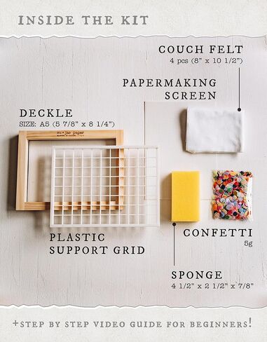 Waterproof Paper Making Screen Kit to Craft Your Own Handmade A5 Paper: Wood Deckle, Mesh Screen, Plastic Grid, Confetti, Sponge, 4 Couch Felts & Video Instructions… in Saudi Arabia