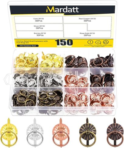 ماردارت 150 قطعة من مشابك براد معدنية مع حلقات سحب مجموعة متنوعة من 5 الوان، مشابك ورق صغيرة عتيقة ومقبض درج لصندوق المجوهرات ودفتر القصاصات والدرج والخزانة والحرف اليدوية in Kuwait