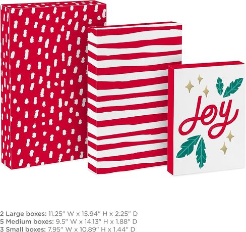 Hallmark Christmas Shirt Boxes for Presents (10 Clothes Boxes with Lids: 3 Small 11", 5 Medium 14", 2 Large 16") Red and White Stripes, Green Tree with Rainbows, Joy, Very Merry in Saudi Arabia