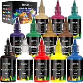 imyyds Airbrush Paint, 12 Color Acrylic Airbrush Paint Set, Water Based Read-to-Spray Air Brush Painting Set, Airbrush Spray Paint Kit for Papers, Canvas, Wood, Model