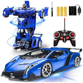 AMENON Remote Control Transform Car Robot Toy for Boys Kids Teens Toys with Lights RC Car 2.4Ghz 1:18 Rechargeable 360°Rotating Race Car Toys Hoilday Birthday Gifts for Boys Girls Party Favors (Blue)