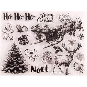 Santa Claus on Deer Sled Christmas Tree Gift Gloves Silicone Stamps for Card Making and Scrapbooking Snowflake Nole Letters Clear Rubber Stamps (T1612)