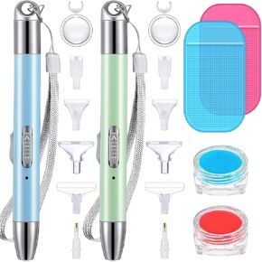 Chuangdi 2 Pieces Diamond Painting Pen LED Drill Pens Diamond Painting Accessories 12 Pen Heads, 2 Anti-Slip Mats, 2 Wax Organizer Cases for DIY Painting Craft Supplies Tools(Blue, Green)