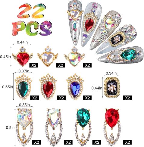 زينة الأظافر من كاديا، 22 قطعة من أحجار الراين للأظافر من أحجار الراين الكريستالية AB Diamonds لأكسسوارات تزيين الأظافر ثلاثية الأبعاد (سبائك ذهبية) in Kuwait