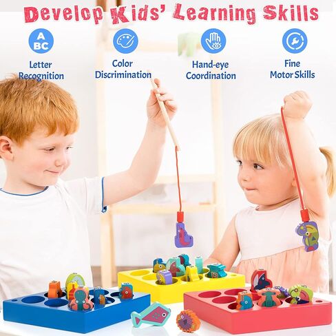 ألعاب صيد خشبية مغناطيسية لعمر 18 شهرًا+ للأولاد والبنات، ألعاب مونتيسوري التعليمية لتعليم الحروف الأبجدية للأطفال الصغار، هدية فرز الألوان للمهارات الحركية الدقيقة للأطفال مع 3 أقطاب و3 لوحات in Kuwait