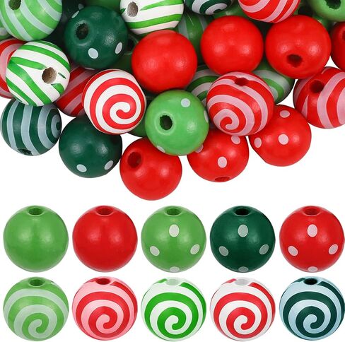 100 Pieces Candy Cane Wooden Beads 0.63 Inch Christmas Dotted Striped Wood Beads Colorful Round Spacer Beads Natural Farmhouse Craft Beads with Hole for DIY Craft Supplies Holiday Decoration, 4 Colors in Saudi Arabia