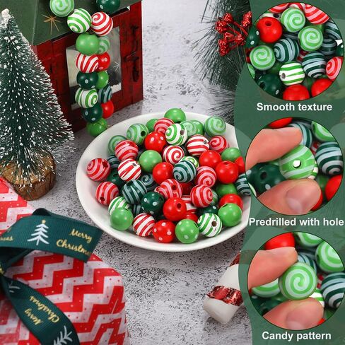 100 Pieces Candy Cane Wooden Beads 0.63 Inch Christmas Dotted Striped Wood Beads Colorful Round Spacer Beads Natural Farmhouse Craft Beads with Hole for DIY Craft Supplies Holiday Decoration, 4 Colors in Saudi Arabia