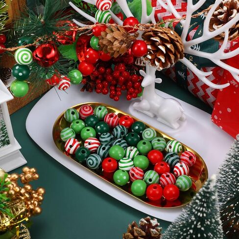 100 Pieces Candy Cane Wooden Beads 0.63 Inch Christmas Dotted Striped Wood Beads Colorful Round Spacer Beads Natural Farmhouse Craft Beads with Hole for DIY Craft Supplies Holiday Decoration, 4 Colors in Saudi Arabia