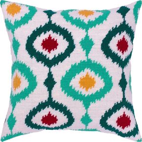 Brvsk Turquoise and Lemons. Stamped Cross-Stitch Kit. Throw Pillow 16×16 Inches. Printed Tapestry Canvas, European Quality