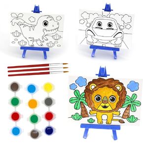 VKPI Canvas Painting Set with Mini Easel for Kids, Watercolor Art Supplies Kit with 3 Pre Drawn Canvases, 3 Plastic Easels, Paint Pots and Brushes, Car, Dinosaur, Lion