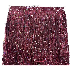 2 Yards of 8" Long Starlight Silver Rainbow Sequins Chainette Fringe Thread Tassel Trim -Burgundy Wine Red