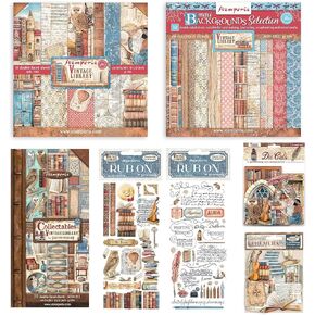 Stamperia International Vintage Library Huge Bundle: 12" X 12" Paper Pad + 12" x 12" Backgrounds Paper Pad + Collectables Paper 6"X12" + Die-Cuts + Ephemera + 2 Packs of Rub-Ons in Kuwait
