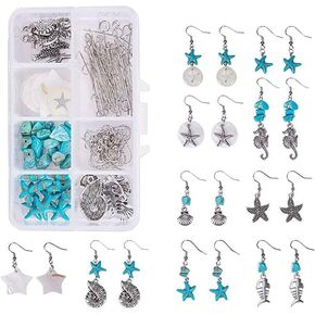 SUNNYCLUE 1 Box DIY Make 10 Pairs Shell Starfish Earring Dangles Making Kit Scallop Alloy Pendants Flat Round Teardrop Steel Charms Jewelry Findings for Beginners Earring Jewellery Making Crafts