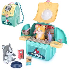Pet Cat Carrier Backpack Toy Kids Pretend Doctor Kit Play Veterinary Set with 17 Pieces - Includes Pet Puppy and Kitten Care Toys, for Boys and Girls Aged 3-6 in Kuwait