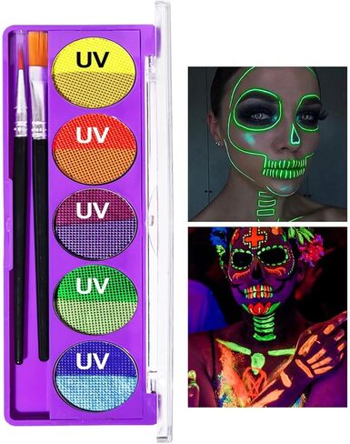 Silvercell Face and Body Paint Makeup Set UV Neon, Black Light Glow Water Activated Eyeliner in the Dark , 5 Bright Colors Fluorescent Painting Palette for Halloween Christmas Music Party (#01) in Saudi Arabia