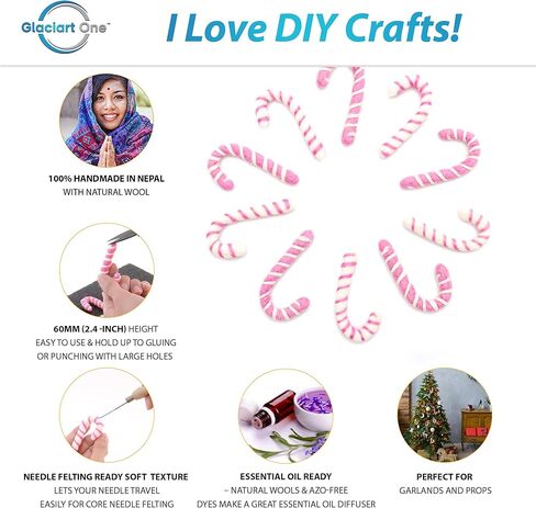 Glaciart One Felt Peppermint Decoration - DIY Garland, Arts Crafts Supplies, Cute Home Decor for Christmas - Baby Mobile Ornaments - Hand-Felted Natural Wool Material - Set of 10 in Kuwait