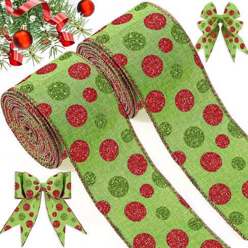 2 Rolls 20 Yards Christmas Wired Edge Ribbons 2.5 Inch Ribbon Candy Cane Glitter Ribbons Gift Wrapping Ribbon DIY Craft Ribbons for Christmas Tree Birthday Party Decorations (Bright Colors) in Kuwait