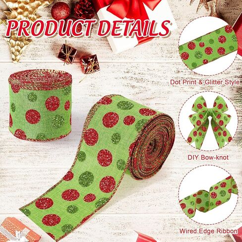 2 Rolls 20 Yards Christmas Wired Edge Ribbons 2.5 Inch Ribbon Candy Cane Glitter Ribbons Gift Wrapping Ribbon DIY Craft Ribbons for Christmas Tree Birthday Party Decorations (Bright Colors) in Kuwait