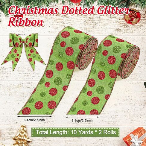2 Rolls 20 Yards Christmas Wired Edge Ribbons 2.5 Inch Ribbon Candy Cane Glitter Ribbons Gift Wrapping Ribbon DIY Craft Ribbons for Christmas Tree Birthday Party Decorations (Bright Colors) in Kuwait