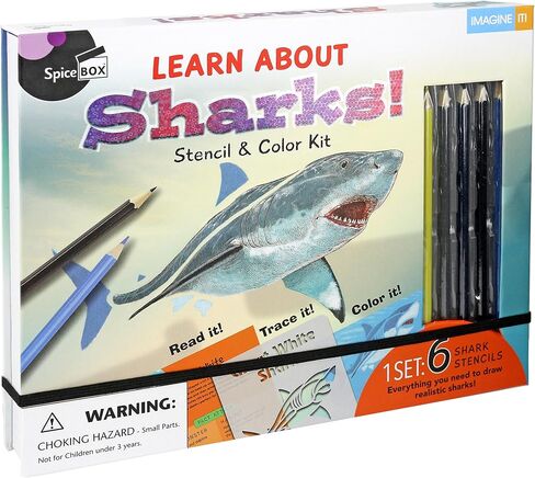 SpiceBox Kids Drawing Coloring Stencil Kit, Learn How to Draw Sharks, Art Kits for Children Fun Activity Set, 6 Ferocious Creative Projects in Kuwait