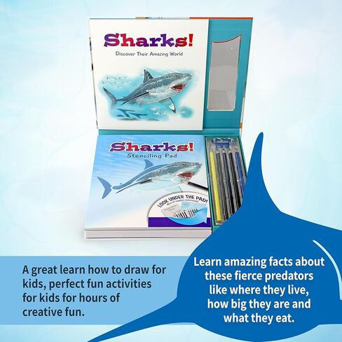 SpiceBox Kids Drawing Coloring Stencil Kit, Learn How to Draw Sharks, Art Kits for Children Fun Activity Set, 6 Ferocious Creative Projects in Kuwait
