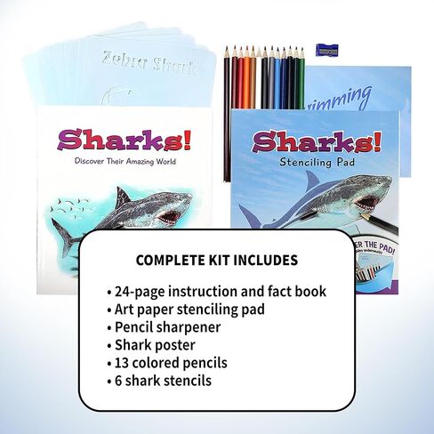SpiceBox Kids Drawing Coloring Stencil Kit, Learn How to Draw Sharks, Art Kits for Children Fun Activity Set, 6 Ferocious Creative Projects in Kuwait