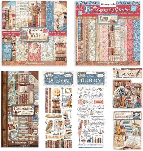 Stamperia International Vintage Library Huge Bundle: 12" X 12" Paper Pad + 12" x 12" Backgrounds Paper Pad + Collectables Paper 6"X12" + Die-Cuts + Ephemera + 2 Packs of Rub-Ons in Kuwait