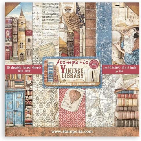 Stamperia International Vintage Library Huge Bundle: 12" X 12" Paper Pad + 12" x 12" Backgrounds Paper Pad + Collectables Paper 6"X12" + Die-Cuts + Ephemera + 2 Packs of Rub-Ons in Kuwait