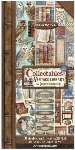 Stamperia International Vintage Library Huge Bundle: 12" X 12" Paper Pad + 12" x 12" Backgrounds Paper Pad + Collectables Paper 6"X12" + Die-Cuts + Ephemera + 2 Packs of Rub-Ons in Kuwait