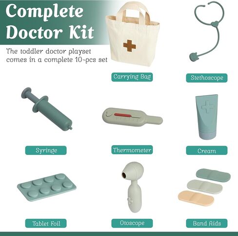 Kids Doctor Playset with Medical Storage Bag – Food-Safe BPA-Free Silicone 10 PCS Kids Doctor Kit – Pretend Play Doctor Kit for Toddlers 1-3 (Green) in Saudi Arabia
