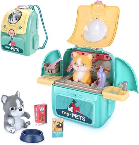 Pet Cat Carrier Backpack Toy Kids Pretend Doctor Kit Play Veterinary Set with 17 Pieces - Includes Pet Puppy and Kitten Care Toys, for Boys and Girls Aged 3-6 in Kuwait