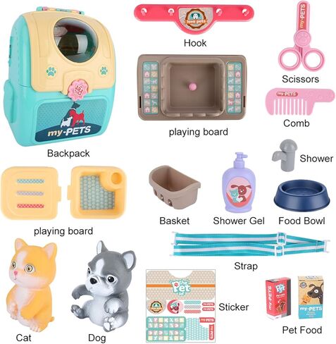 Pet Cat Carrier Backpack Toy Kids Pretend Doctor Kit Play Veterinary Set with 17 Pieces - Includes Pet Puppy and Kitten Care Toys, for Boys and Girls Aged 3-6 in Kuwait