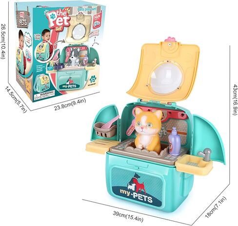Pet Cat Carrier Backpack Toy Kids Pretend Doctor Kit Play Veterinary Set with 17 Pieces - Includes Pet Puppy and Kitten Care Toys, for Boys and Girls Aged 3-6 in Kuwait