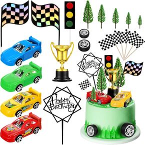 Yulejo 38 Pcs Racing Car Cake Decoration with Race Car Cake Topper Wheel Checkered Racing Flag Cupcake Topper Black Birthday Cake Topper Race Car Birthday Party Supplies Car Themed Party Favor for Kid in Saudi Arabia