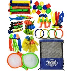 Matty's Toy Stop 47 Piece Super Ultimate Dive Set for Diving/Swimming Pools Featuring Dive Sticks, Dive Rings, Gems, Balls, Fish, Torpedo, Shark, Octopus, Jellyfish, Fishing Nets & Bonus Storage Bag in Kuwait