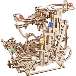 رافعة UGEARS Marble Run Tiered Hoist - مجموعة تشغيل رخامية خشبية مع 10 كرات رخامية ملونة - ألغاز ثلاثية الأبعاد للبالغين والأطفال - لغز ثلاثي الأبعاد لمسار رخامي خشبي للملاهي - مجموعة نموذج خشبي للتجميع الذاتي