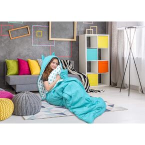 Chic Home Oscar Sleeping Bag with Cat Ear Hood Pinch Pleat Design with Polka Dot Interior for KidsTeens & Young Adults Zipper Closure, Twin X-Long, Aqua